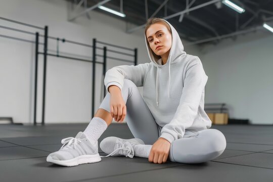 Young woman in gray athletic wear sits on gym floor, showcasing a relaxed pose, with fitness equipment and open space in the background, embodying strength and determination - Powered by Adobe