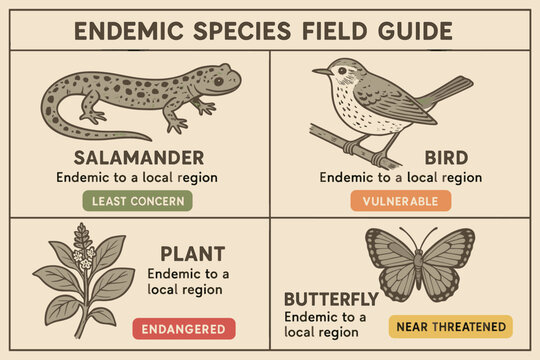 Endemic Species Field Guide. Vector illustration of endemic species field guide for local regions with drawings, descriptions, and