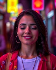 Joyful Woman Smiling in a Vibrant City Street