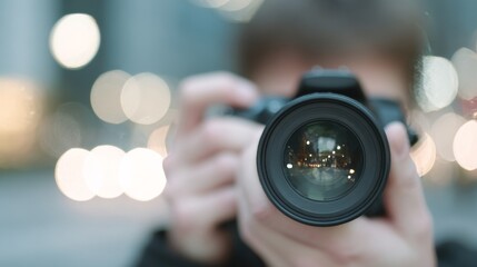 Photographer holds a DSLR camera. Lens reflects city lights. It is nighttime, World Photography Day concept