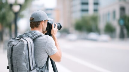 A professional male photographer works in the city, World Photography Day concept