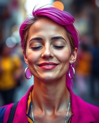 Joyful Woman Smiling in a Vibrant City Street