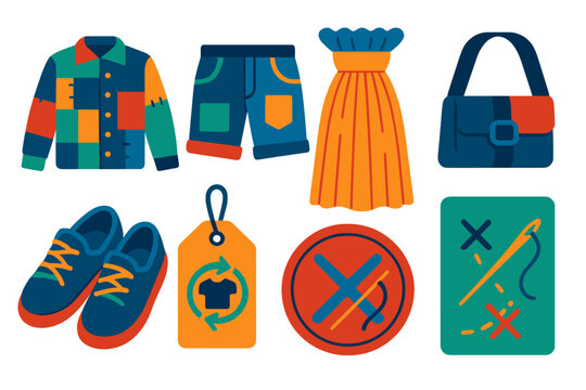 Upcycled Fashion Icons. Isometric flat vector set of illustrations of upcycled fashion pieces: patchwork jacket, denim remake