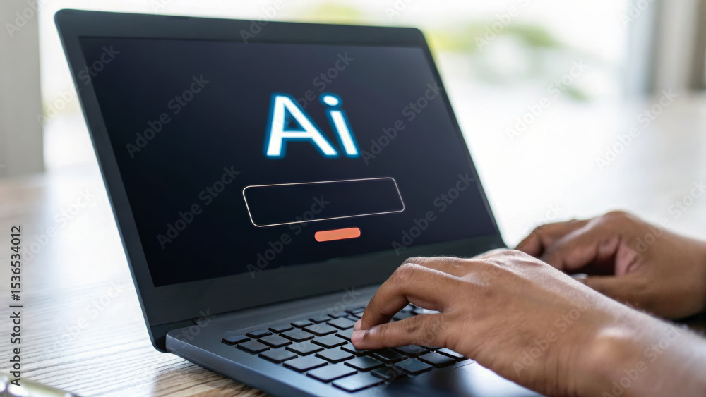 Poster ai customer support for ecommerce concept. person typing on a laptop displaying an ai interface. ai 