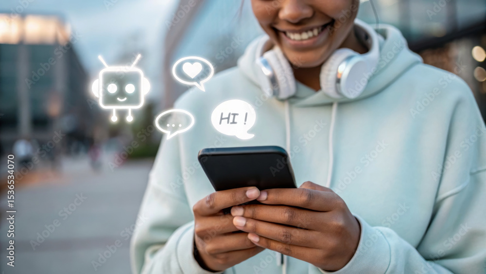 Poster ai customer support for ecommerce concept. smiling person texting with smartphone and chat bubbles i