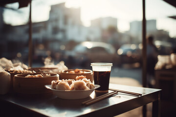 Street Dim Sum in Morning Light with Tea on a Metal Table