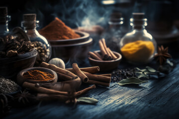 Various types of spices on kitchen table background. Front view.