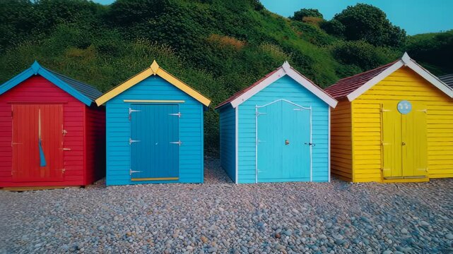 Colorful Beach Huts on Pebble Beach at Sunset - Serene Coastal Scenery