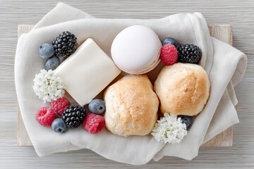 Elegant pastry arrangement with macarons, berries, and bread on white cloth