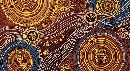 Australian Aboriginal Dot Painting Inspired Vector Art Background