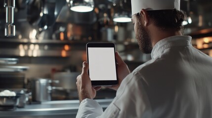 Chef using blank tablet in kitchen