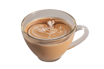 Glass cup of latte with leaf latte art

