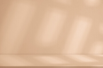 Brown background,Studio wall with shadow on podium for product display,Empty interior kitchen room with light on 3d beige floor,Backdrop background mockup scene blur sunlight gradient on cream colour