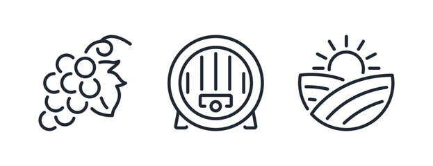 Grape, wine barrel and vineyard field editable stroke outline icons set isolated on white background flat vector illustration. Pixel perfect. 64 x 64.