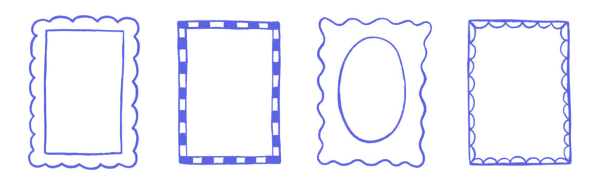 Wavy edge and checkerboard frame box vector illustration isolated on white. Squiggle curve doodle rectangle and oval sketch.	
