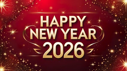 Banner Happy New Year 2026, gold letters on a red background surrounded by sparkling lights, congratulations, card