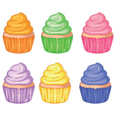 Colorful cupcakes set isolated on white background. Vector illustration.
