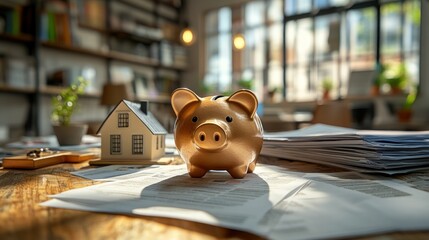 Golden piggy bank, house model, and papers on a wooden table, suggesting financial planning for a home