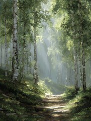 Fototapeta premium Peaceful birch forest path lit by soft sunbeams, serene summer morning