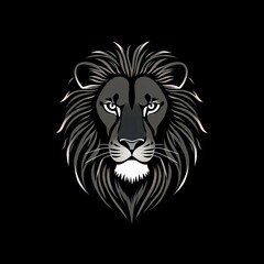 Fototapeta premium Ausdrucksstarkes Löwenkopf-Design in Schwarz-Weiß auf schwarzem Hintergrund – ideal für Tattoos, Poster oder T-Shirts im Wildtier-Stil.