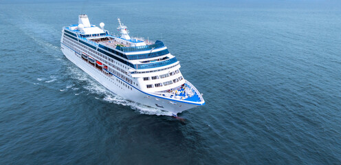 Aerial view beautiful large cruise ship at sea, Passenger cruise liner ship vessel sailing across...