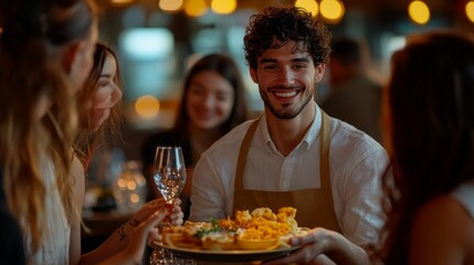 Young man in restaurant with dish in hand, smiling at customers. Restaurant advertisements, hospitality articles, restaurant reviews.