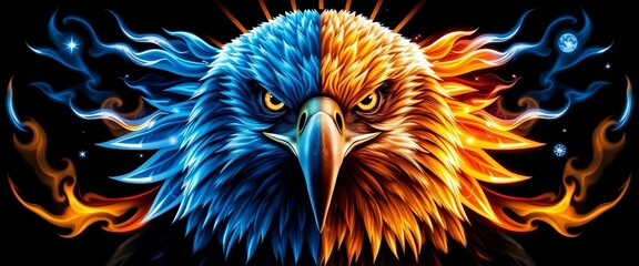 Obraz premium Magisches Adlerportrait mit Feuer- und Weltraumeffekt – Dualität von Sonne und Kosmos, ideal für Fantasy-Art und Posterdesigns.