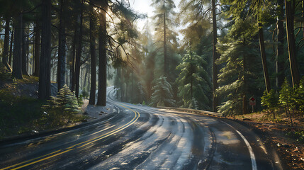Fototapeta premium Serene Sunlit Forest Paths: Morning Light Filtering Through Lush Canopies