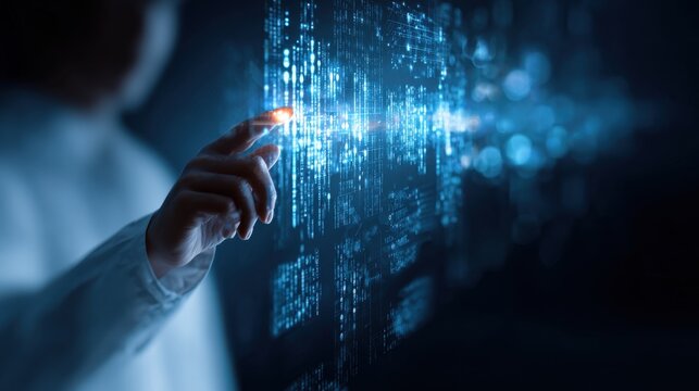 Hand Touching Digital Blue Glowing Data Interface

