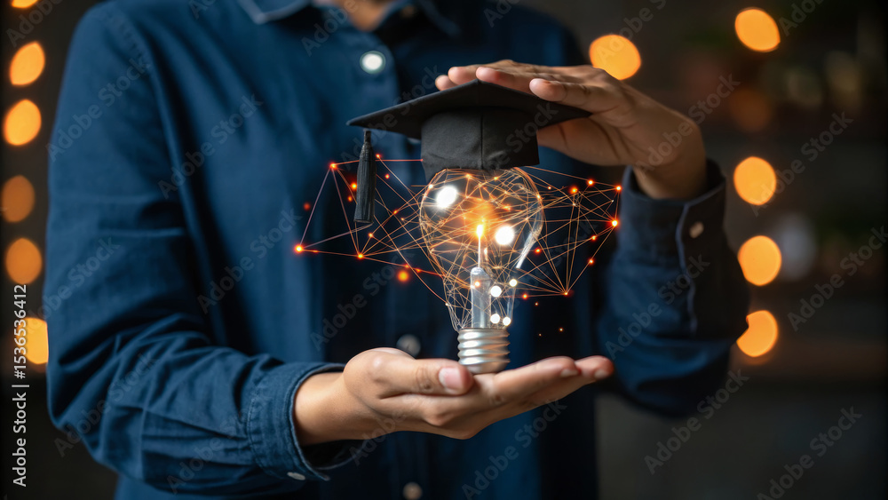 Poster online learning certification program concept. lightbulb graduation concept held by hands with a cap
