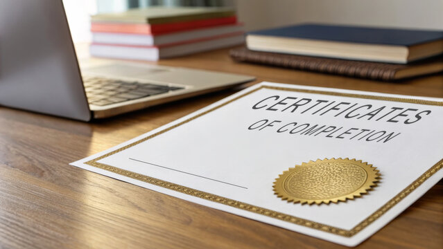 Online learning certification program concept. Certificate of completion on a desk with a laptop and books. - Powered by Adobe