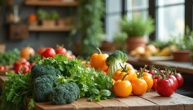 Close-up fresh produce. Healthy eating workshop with various vegetables on wood table. Broccoli, tomatoes, peppers. Nutrition awareness with diverse, local ingredients. Promote health, wellness