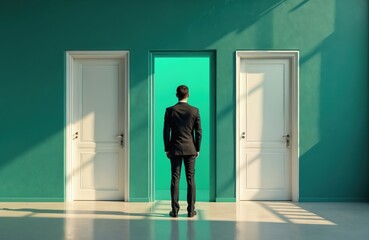 Fototapeta premium Businessman stands front three doors, green door open. Man contemplates next move, business choice. Concept of decision, opportunity, success, future. Career, leadership and challenge concepts.