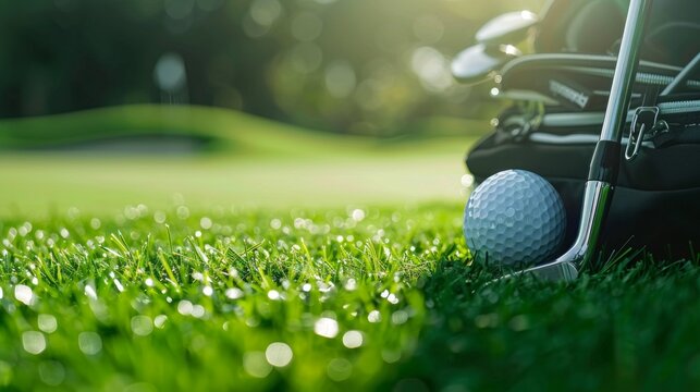 Green lawn with a hole and a golf club, sunlight and glitter on the grass. Useful for articles about sports and outdoor activities.