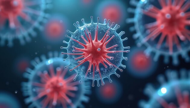 Microscopic view of virus cell structure. Red core, spikes, blue background. Medical, scientific research illustration. Concept of disease, illness, epidemic.