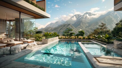 Modern home with pool and mountain views. Ideal for articles on real estate, interior design and luxury lifestyle.