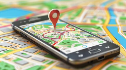 A smartphone with an open maps app and on-screen location indicator. Useful for articles on technology, navigation and travel.
