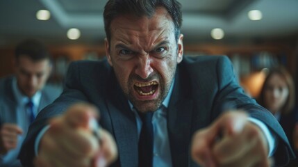 Obraz premium A man in a business suit with an aggressive expression and clenched fists. Useful for articles about business conflicts, stress at work and anger management.