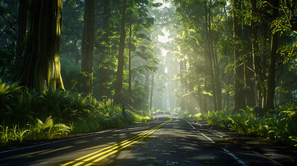 Obraz premium Serene Sunlit Forest Paths: Morning Light Filtering Through Lush Canopies