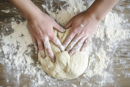 Chef kneading dough on kitchen table close up background.