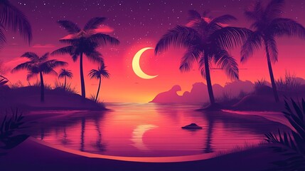 A stylized nighttime tropical beach scene with a crescent moon, palm trees silhouetted against a vibrant pink and purple sunset sky, reflecting in calm water