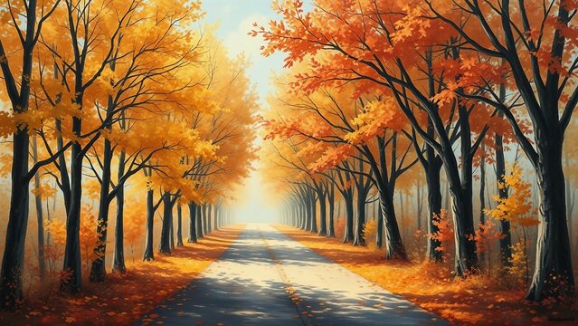 Herbstliche Allee mit gold-rotem Laub und leuchtenden Farben &ndash; digital gemaltes Landschaftsbild mit tiefer Perspektive.