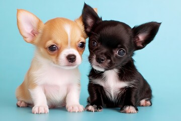 Adorable Chihuahua Puppies Sitting Together on a Soft Blue Backdrop, Showcasing Their Fluffy Fur