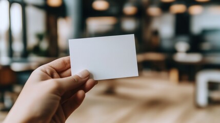 Hand holding blank notecard, blurred background