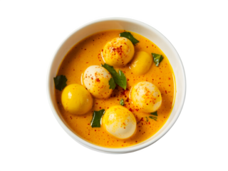 Egg curry featured on a white background