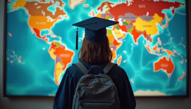 Graduate student wearing cap gown, backpack stands before world map. Student considers global career, international opportunities. Education path represents youth, ambition, success, future.