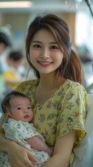 Obraz premium Happy young mother lovingly holding her newborn baby in a hospital room A tender moment of motherhood captured