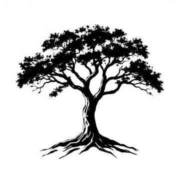 K&uuml;nstlerische Silhouette eines Baumes mit kr&auml;ftigem Stamm und weit verzweigten &Auml;sten auf wei&szlig;em Hintergrund.