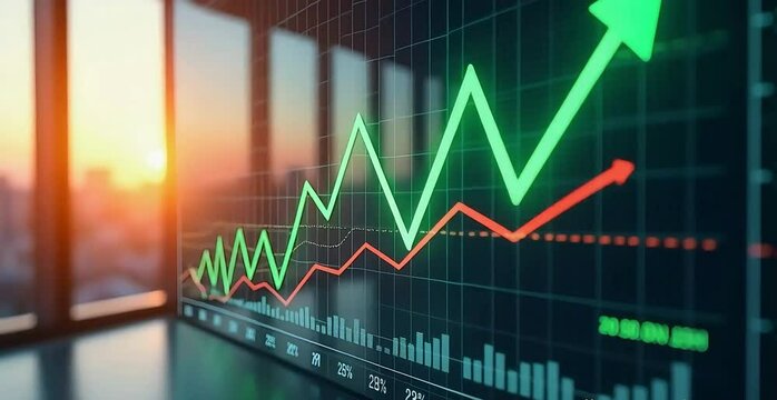 Dynamic Financial Growth: A Flourishing Market Trend with Rising Graphs Against a Vibrant Sunset Backdrop."