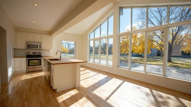 Bright modern kitchen with large windows, white cabinets, wood countertop, and hardwood floor, filled with sunlight and open layout autumn trees visible outside create cozy, welcoming atmosphere